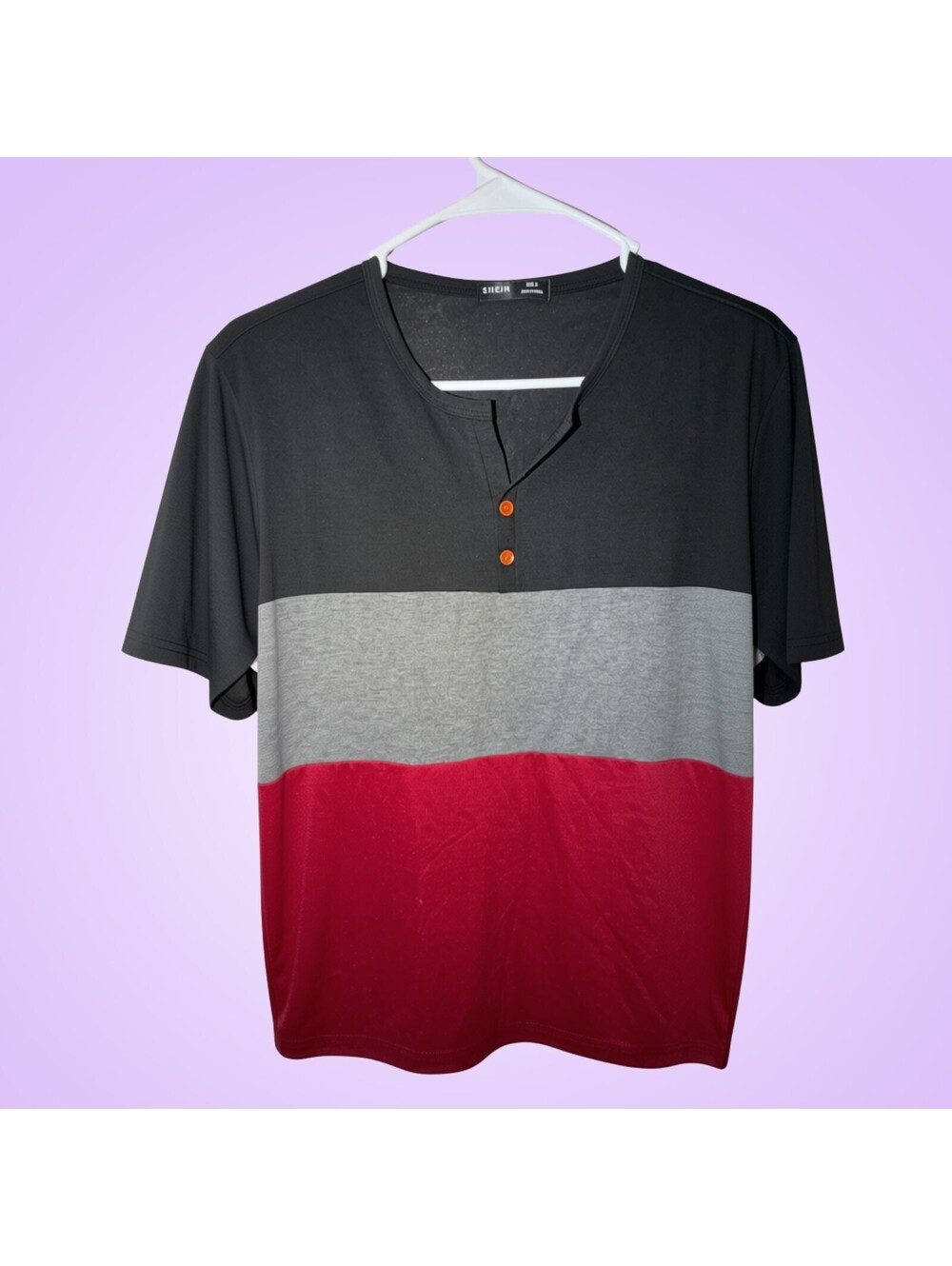 SHEIN Men's Medium Black Gray Red Colorblock Henley Short Sleeve Shirt